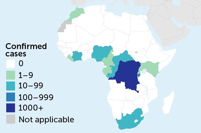 A map of Africa shows the number of confirmed mpox cases from January 2024 to September 2024. The Democratic Republic of Congo has the most cases, with 1000+ shown on the chart. Surrounding countries have reported between 0 and 99 confirmed cases