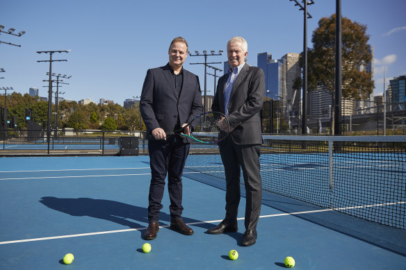 Jason Nuell, of Marriott International, and Tennis Australia chief Craig Tiley.