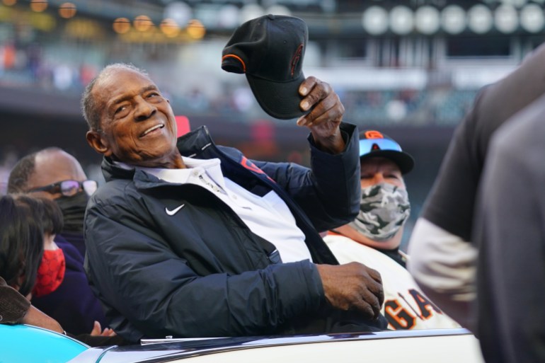 Willie Mays at baseball game.