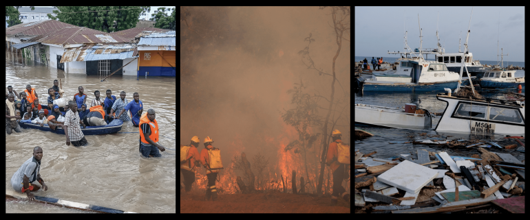 Left to right: Floods in Nigeria [AFP], wildfires in Brazil [AP], hurricane aftermath in Barbados [AP]