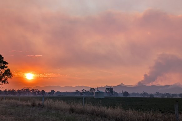 The sun sets as smoke fills the skies from the Yarram Gap Road fire in the Grampians at the weekend.