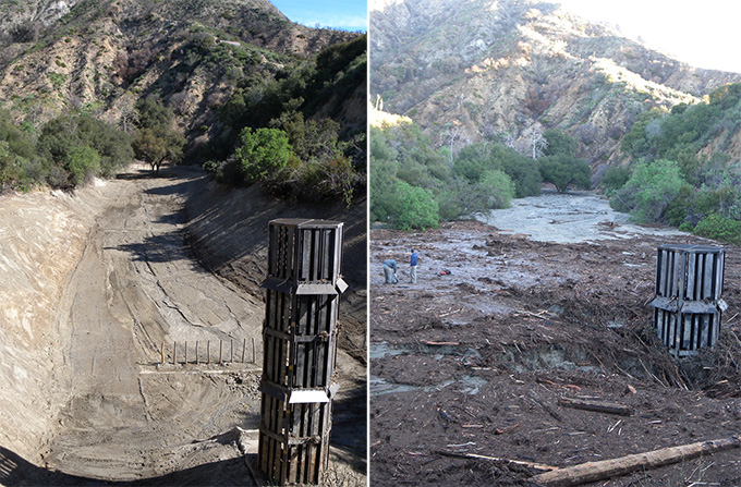 Before and after pictures of a giant basin, infrastructure built into a landscape meant to catch debris flows and prevent them from wiping out neighborhoods.