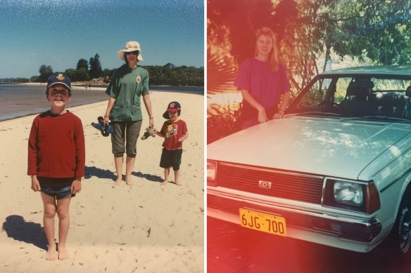 Newsreader Monica Kos with her children at Point Walter (left), and her first car (right)..