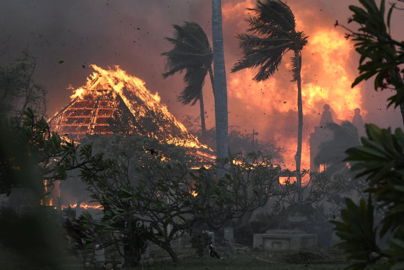 The hall of the historic Waiola Church ablaze in Lahaina, Hawaii in 2023.