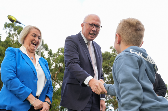 Peter Dutton and Liberal candidate for Lyons Susie Bower, in Tasmania.