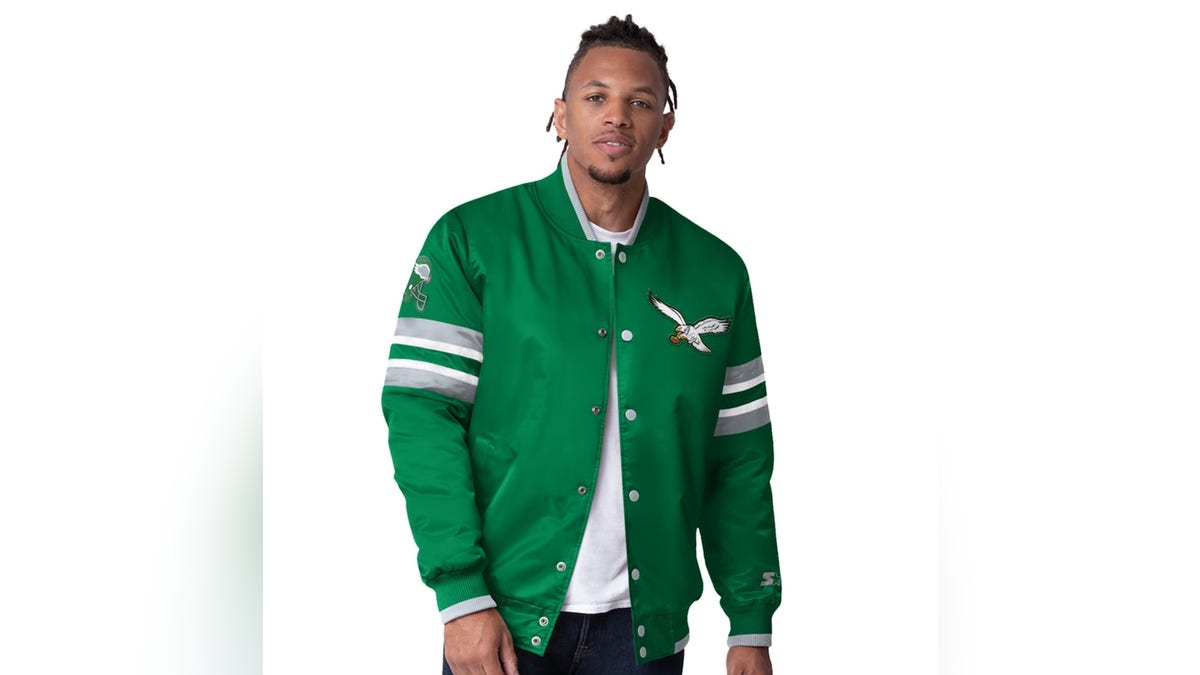 Go old-school with a green vintage varsity Eagles jacket.