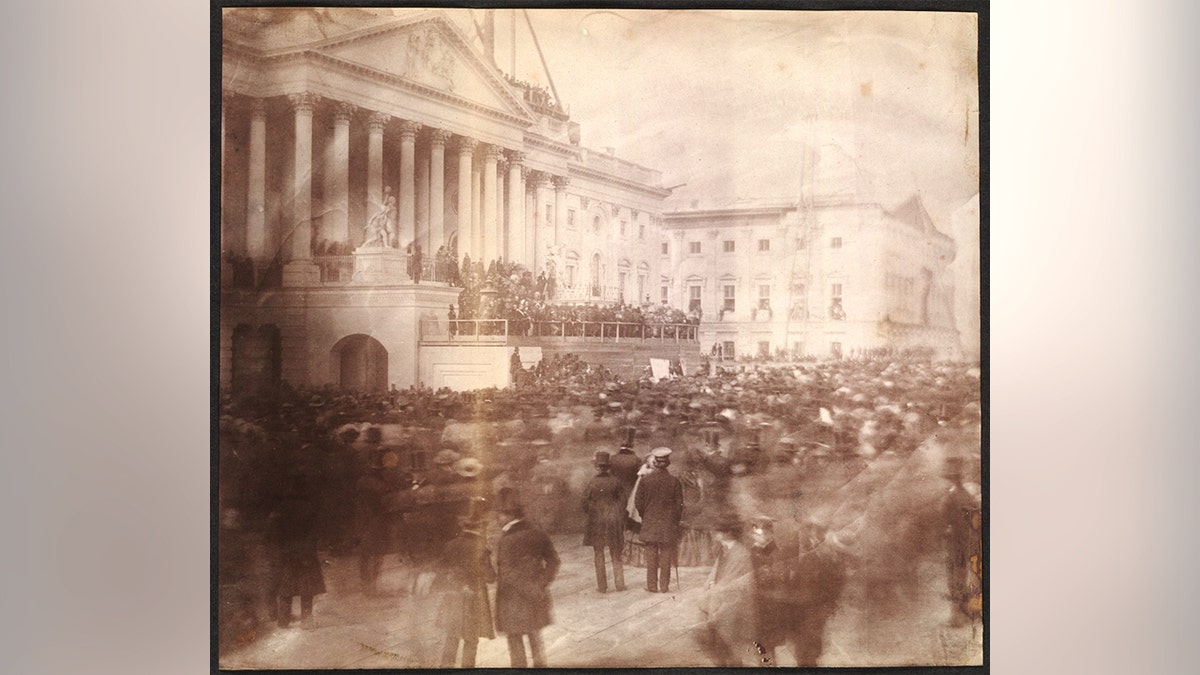 James Buchanan's swearing in is seen in an old photograph.