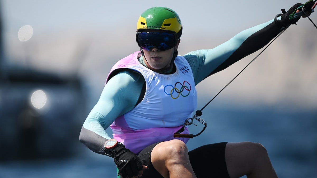 Bruno Lobo of Team Brazil competes in the Men's Kite on day thirteen of the Olympic Games Paris 2024 at Marseille Marina on August 08, 2024 in Marseille, France. 