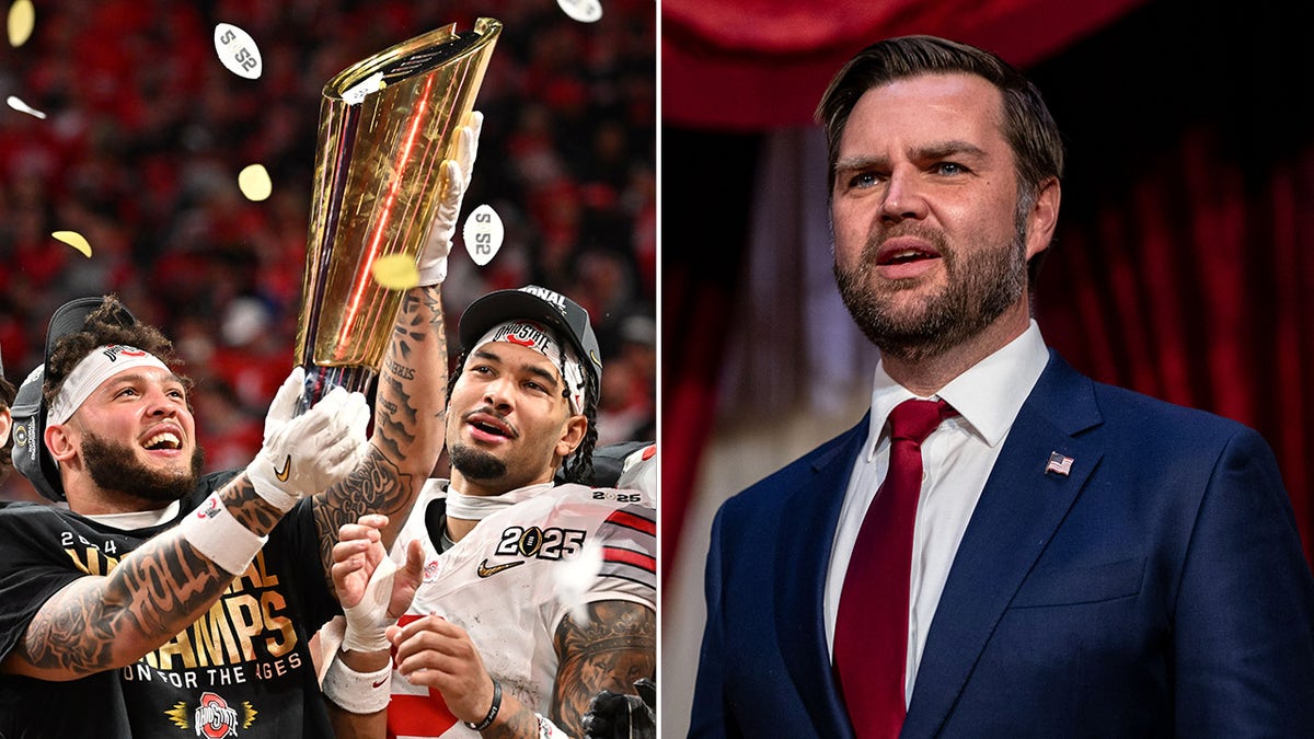 Ohio State players with trophy, and JD Vance