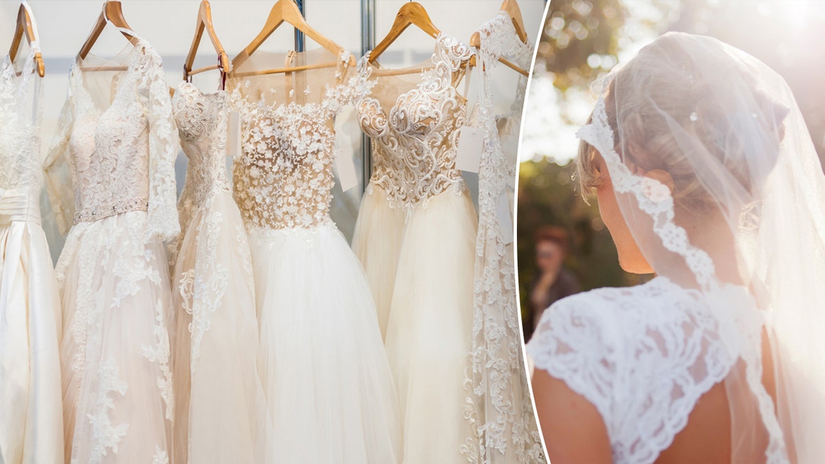 A rack of wedding dresses and a bride