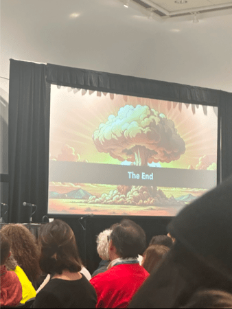 A screen that shows a mushroom cloud with text that reads "The End."