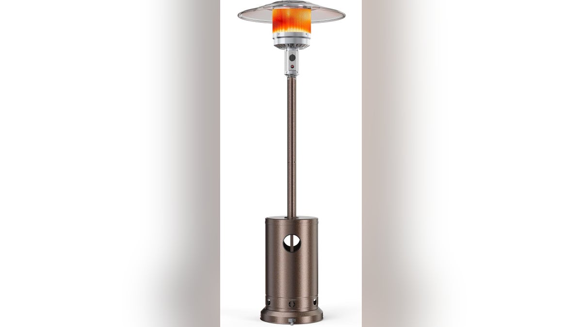 A freestanding patio heater at Amazon keeps up to eight people warm and toasty. 