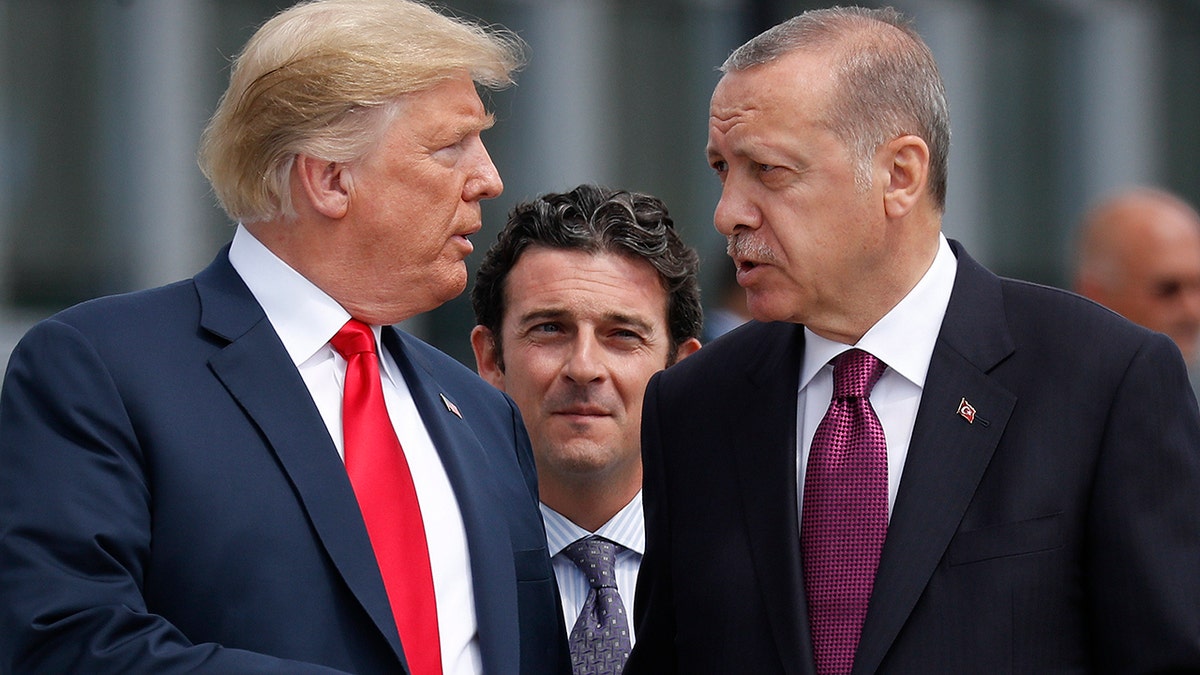 President Donald Trump, during his first presidency talks with Turkey's President Recep Tayyip Erdogan, as they arrive together for a family photo at a summit of heads of state and government at NATO headquarters in Brussels.  (AP Photo/Pablo Martinez Monsivais, File)