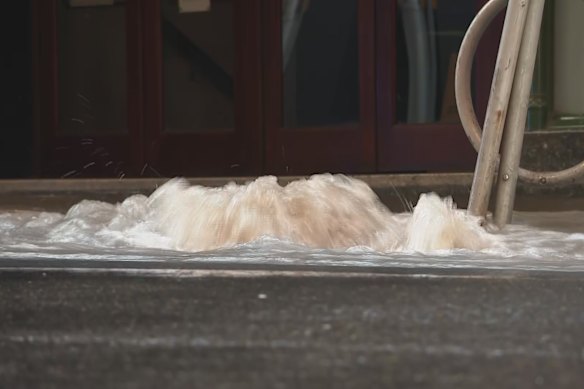 The burst water main outside the Downing Centre in Sydney on Tuesday.
