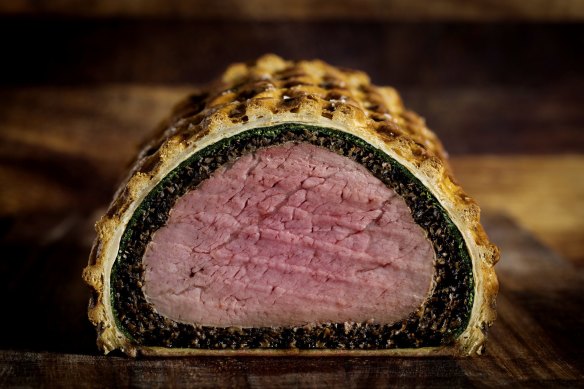 A traditional log of beef Wellington.