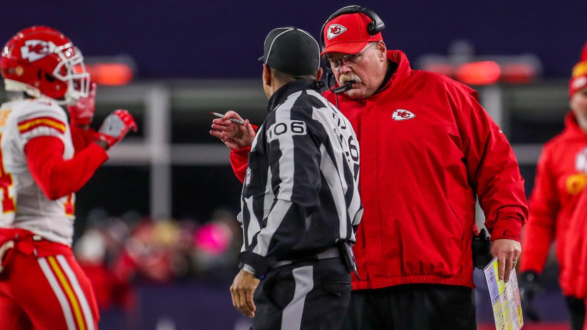 Andy Reid talks to a referee