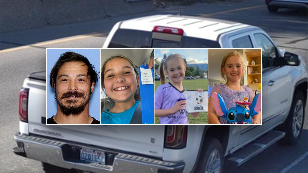 split image of washington man and his three young daughters