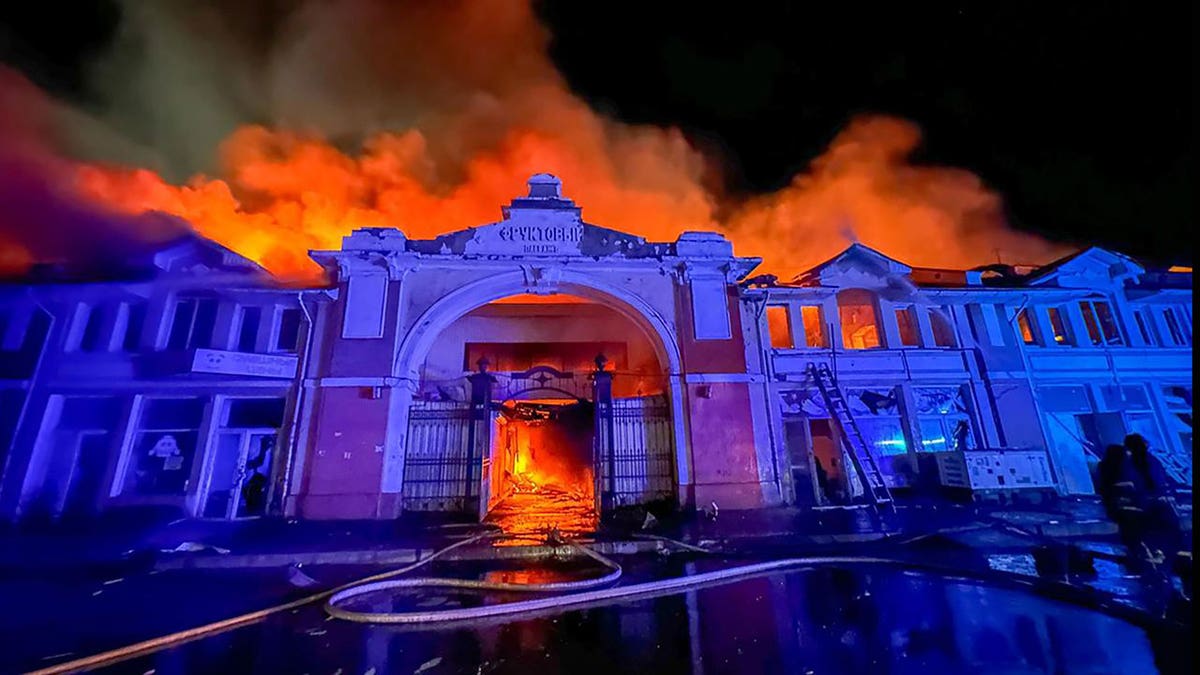 building fire at night, Odessa, Ukraine, after Russian airstrike