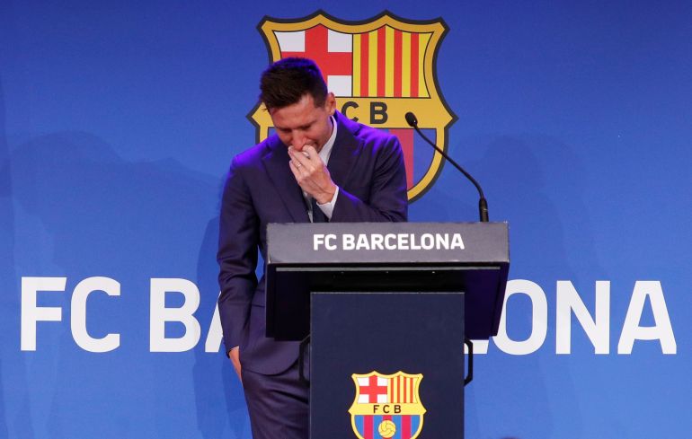 Soccer Football - Lionel Messi holds an FC Barcelona press conference - 1899 Auditorium, Camp Nou, Barcelona, Spain - August 8, 2021 Lionel Messi during the press conference REUTERS/Albert Gea
