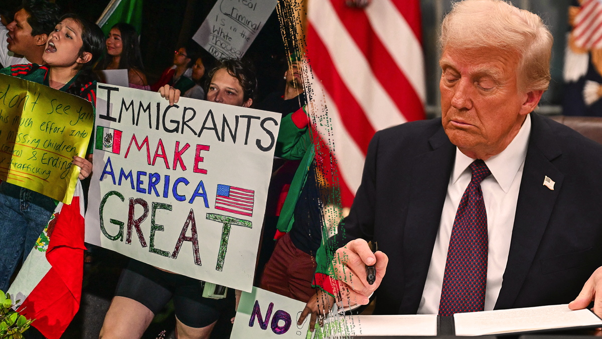 A split photo of president Donald Trump and protesters demonstrating against Trump's immigration policies.