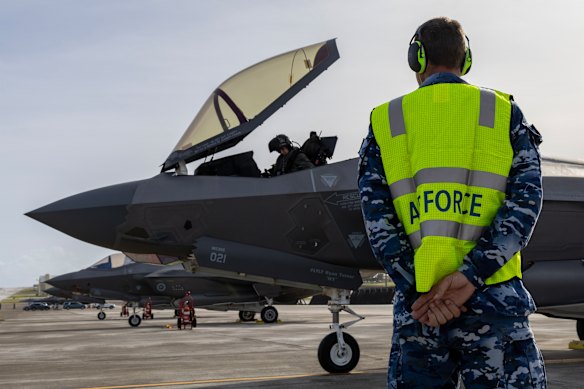 A Royal Australian Air Force pilot from prepares for a training exercise in an F-35.