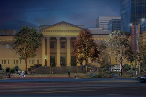 New lights to illuminate the revamped forecourt and State Heritage-listed library are included in the upgrade.