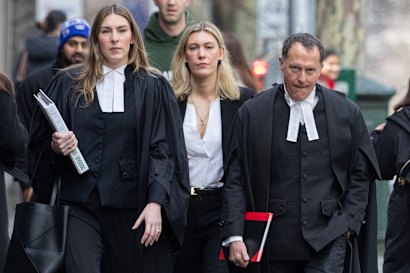 Barrister Colin Mandy, SC, outside court with Erin Patterson’s legal team of Sophie Stafford (left) and Ophelia Hollway.