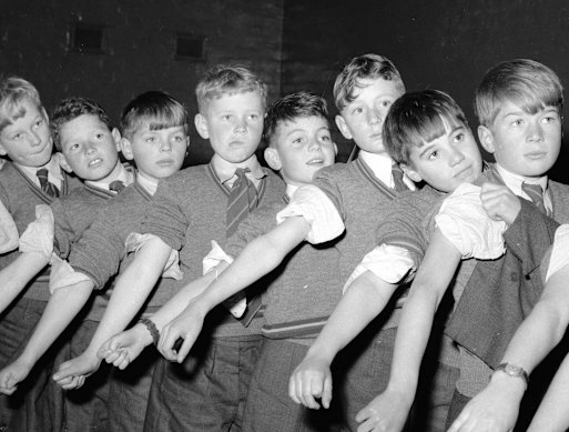 Pupils at Scotch College in Melbourne lining up for Salk vaccine injections for polio.