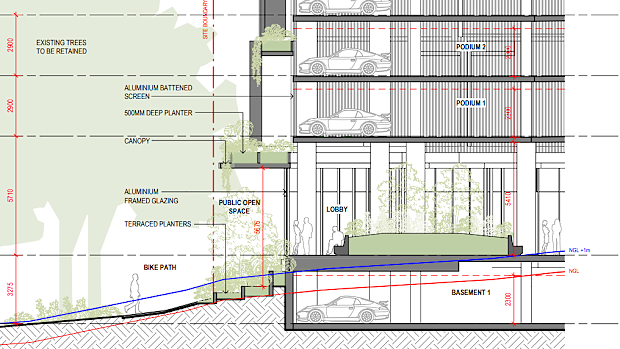 Plans for the podium-level parking at Mosaic’s development.