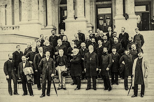 Delegates at the International Meridian Conference of 1884 including Cleveland Abbe (top left) and Otto Struve (top row, third left).