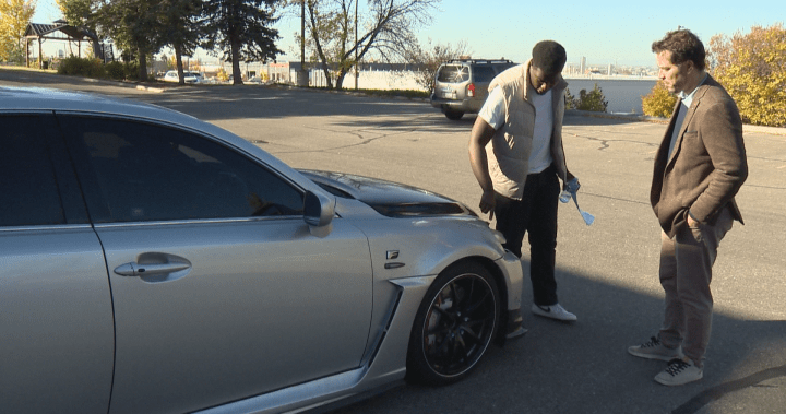 Calgary driver concerned for others after base for traffic post damages his vehicle