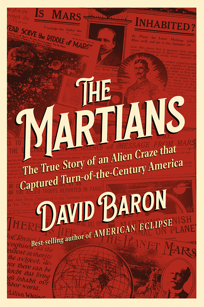 The book cover of The Martians, with a red background showing headlines from various media types.