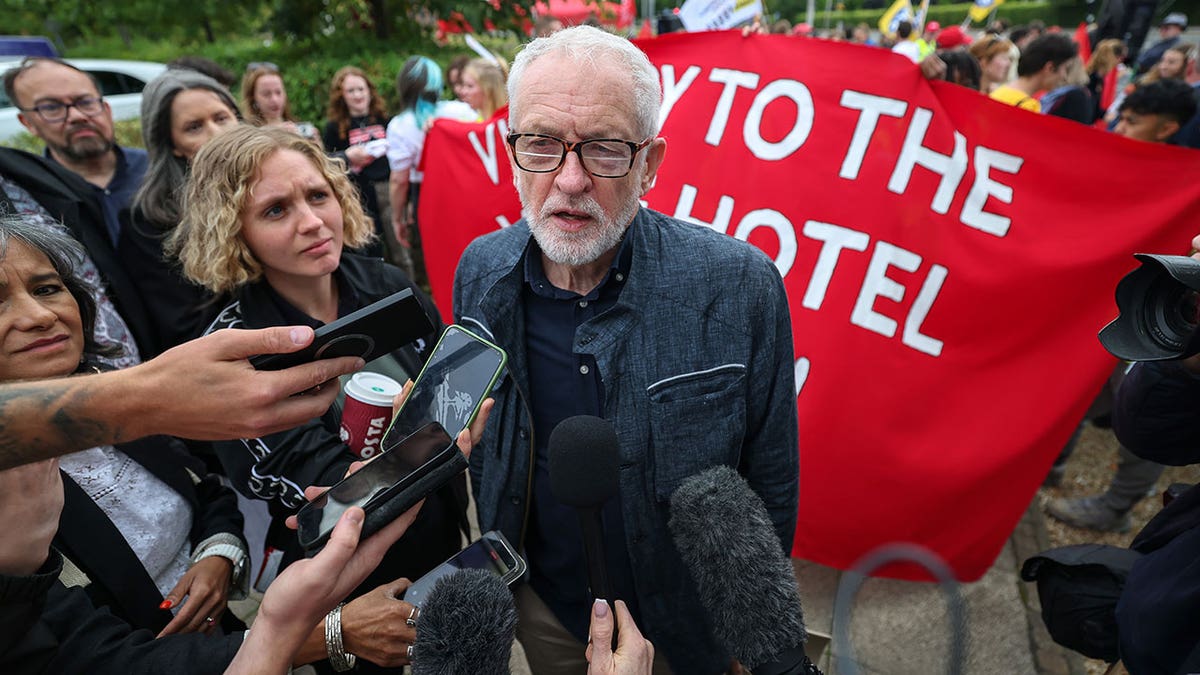Jeremy Corbyn speaks to reporters.