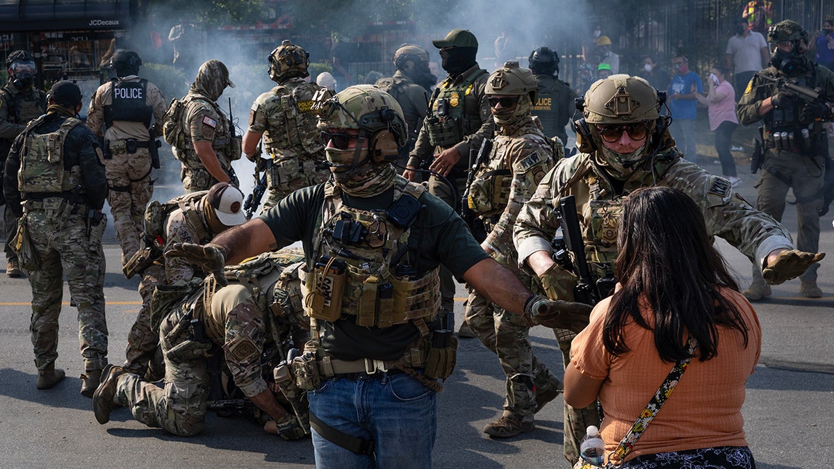 Federal agents in camouflage uniforms clash with Broadview anti-ICE protestors.