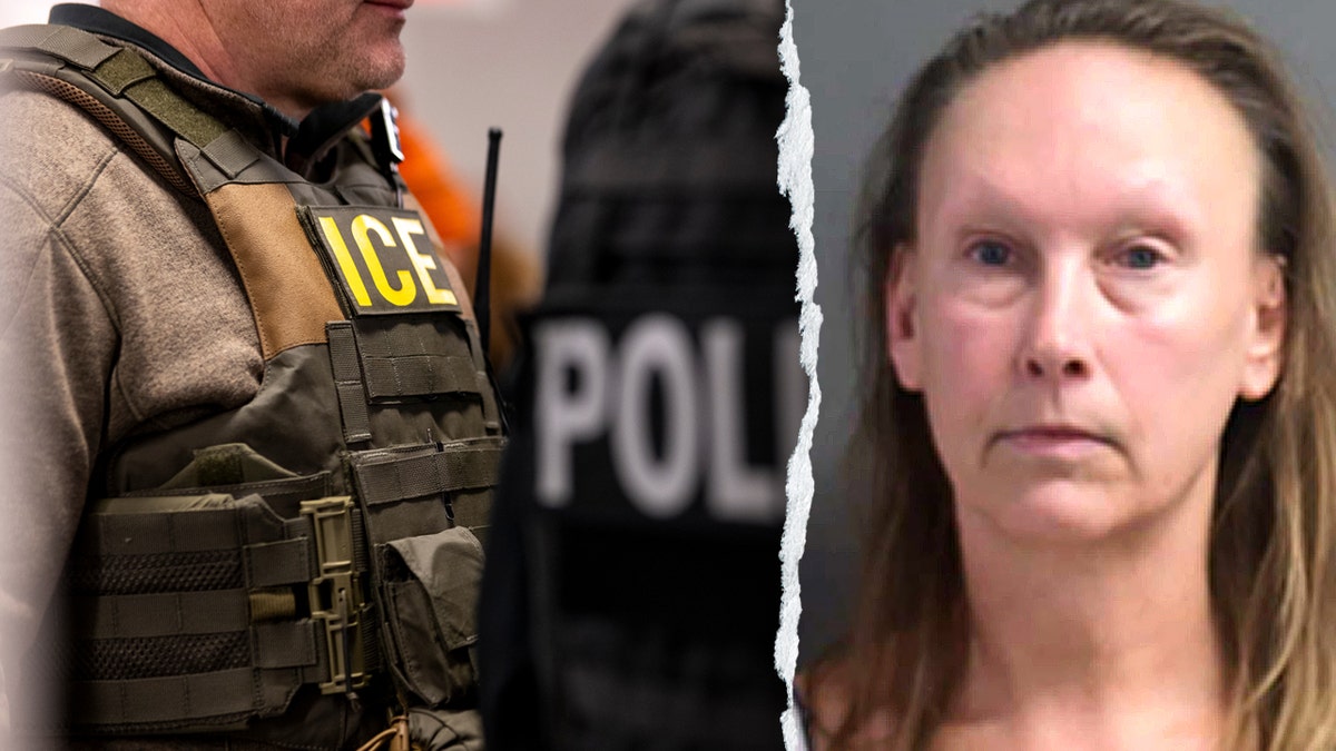 Man in ICE uniform and mugshot of Nina Jaaskelainen