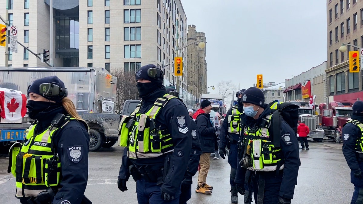 Police in Ottawa, Ontario walk through the crowd at the "Freedom Convoy"