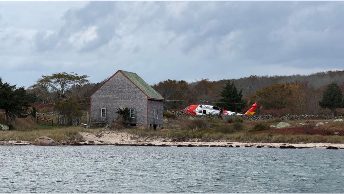 Coast Guard helicopter landing on island
