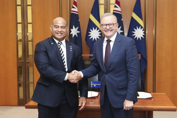 Nauruan President David Adeang and Prime Minister Anthony Albanese at the announcement of a treaty in December.