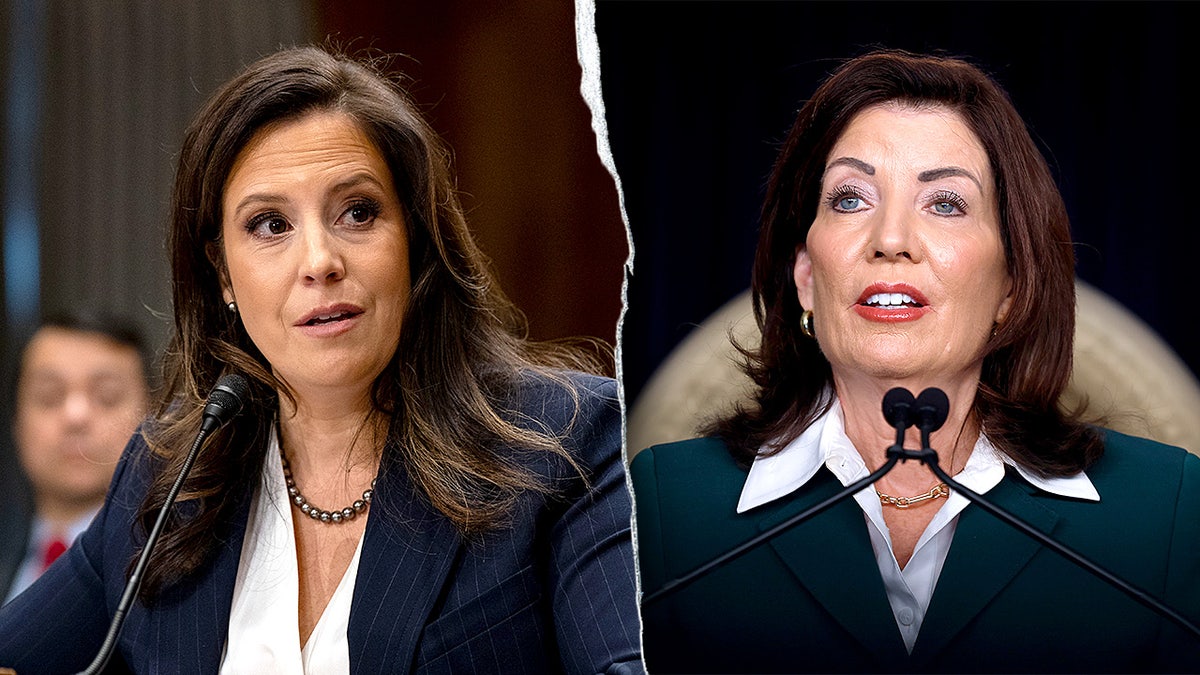 Split-screen image showing Rep. Elise Stefanik on the left and New York Gov. Kathy Hochul on the right.