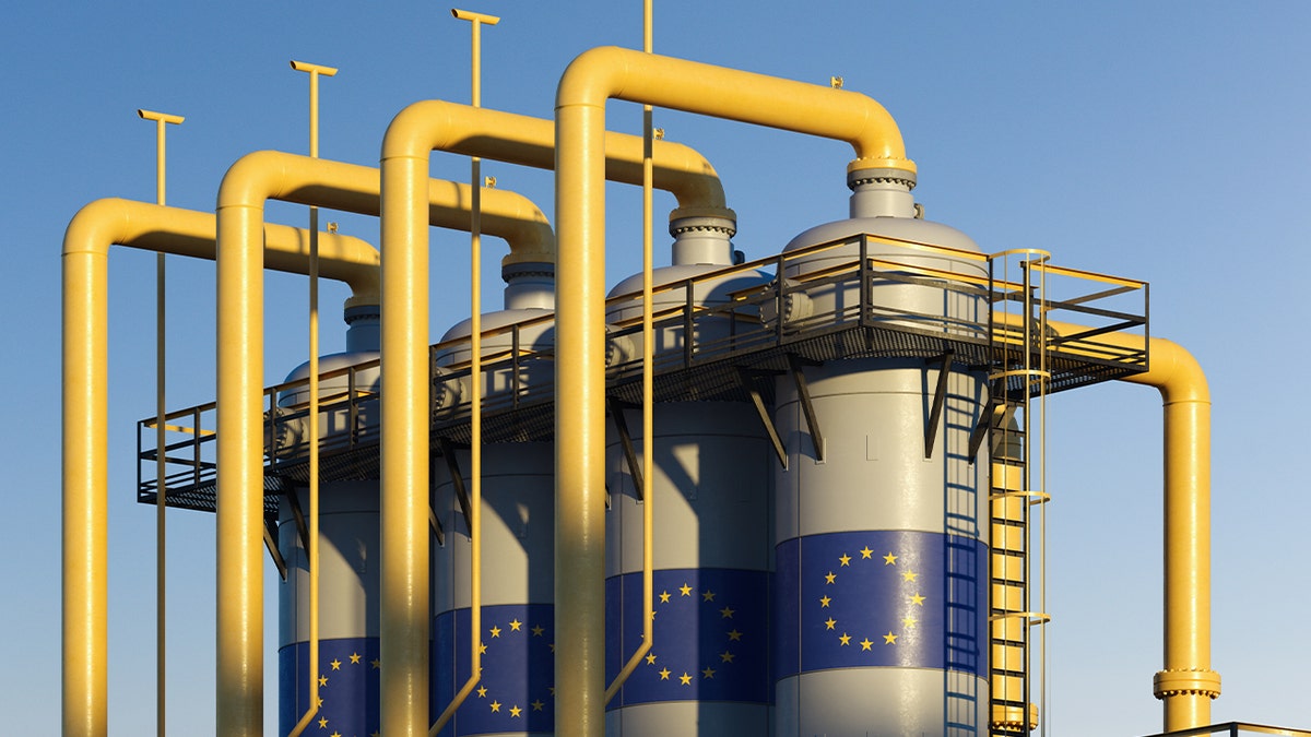 Natural gas tank in gas factory with European union flag.