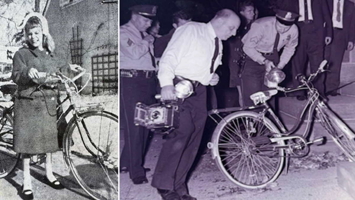 Murder victim with her bike and investigators on the crime scene