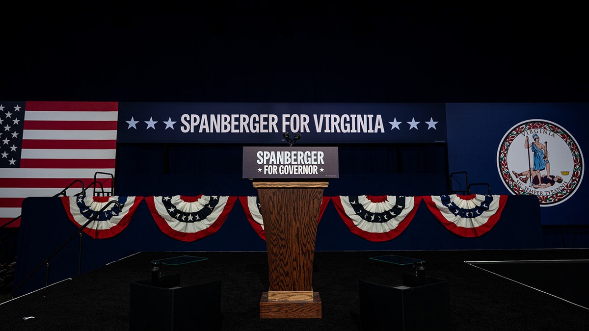 A podium for Abigail Spanberger during an election night