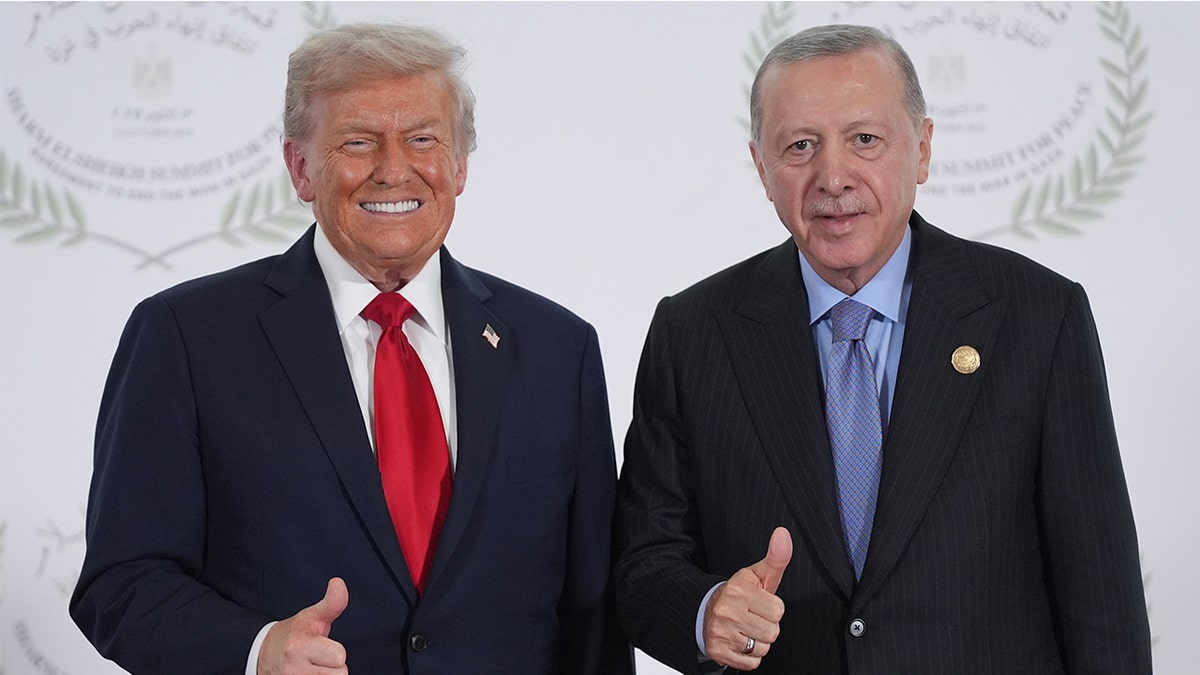 President Donald Trump greets Turkey's President Recep Tayyip Erdogan during a summit to support ending the more than two-year Israel-Hamas war in Gaza after a breakthrough ceasefire deal, Monday, Oct. 13, 2025, in Sharm El Sheikh, Egypt. 