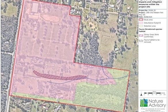 A map of a Hindu temple development site in Cranbourne South that shows where the threatened Glossy Grass Skink has been discovered.