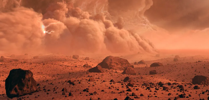 Clouds and a flash of lightning boil over the red rocky surface of Mars.