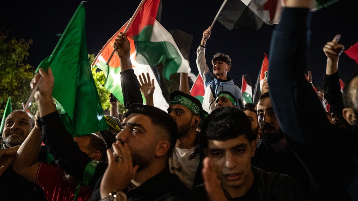 People gather in support of the recent attacks on Israel by the Palestinian militant group Hamas at Fatih Mosque on October 07, 2023, in Istanbul, Turkey. 