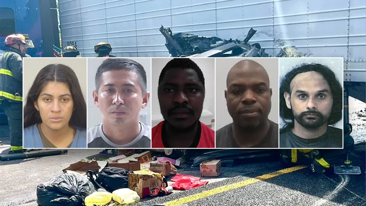 A combination photo showing five mugshots of alleged illegal immigrants accused of deadly car crashes from around the US, inset over a scene photo showing one of the crashes