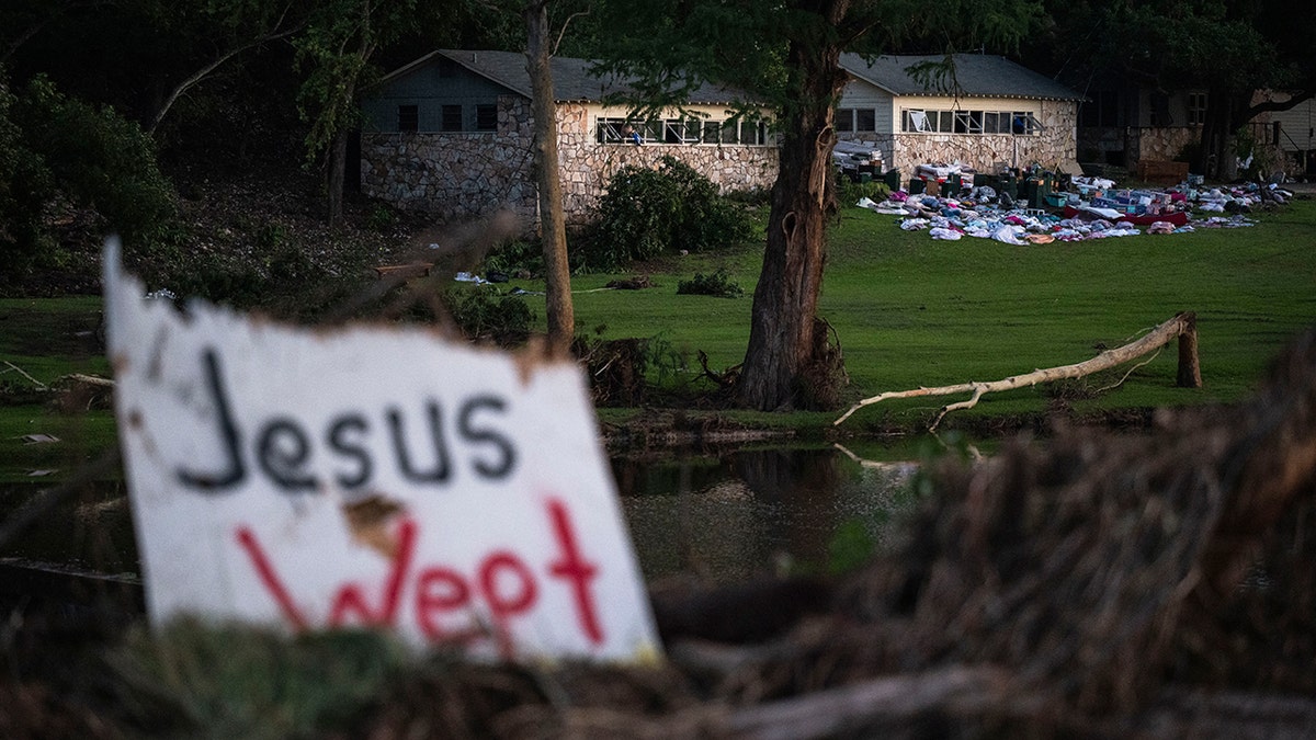 Destroyed cabin at Camp Mystic after flooding hits Texas.