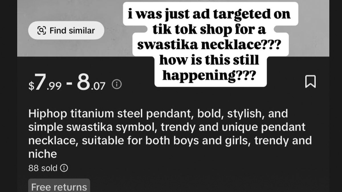 A screenshot of a description of a necklace that was captioned "I was just ad targeted on tiktok shop for a swastika necklace??? how is this still happening???"