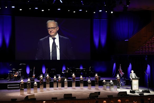 Prime Minister Albanese speaks at the Sydney Opera House.